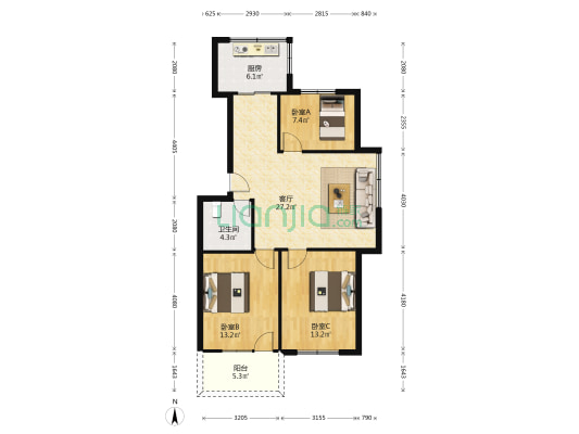 上三路190号 3室1厅1卫 83平方