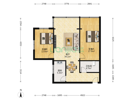 联发丽祥苑 2室1厅1卫 92平方