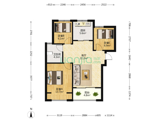 佳兆业城市广场三期 3室1厅1卫 87平方
