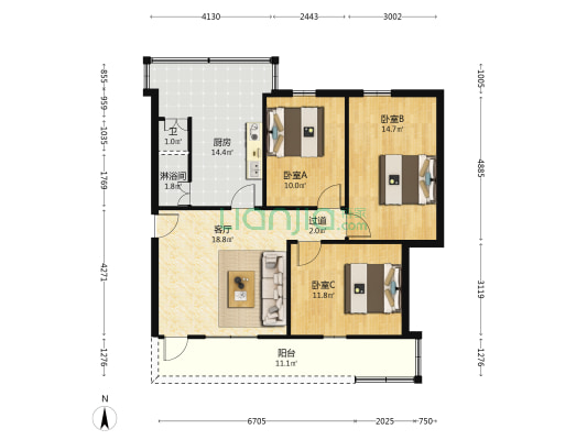 上湖塘街小区 3室1厅2卫 95平方