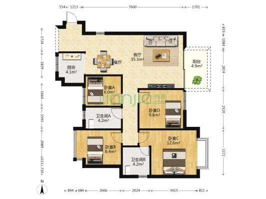 欢乐之家 4室1厅2卫 115平方