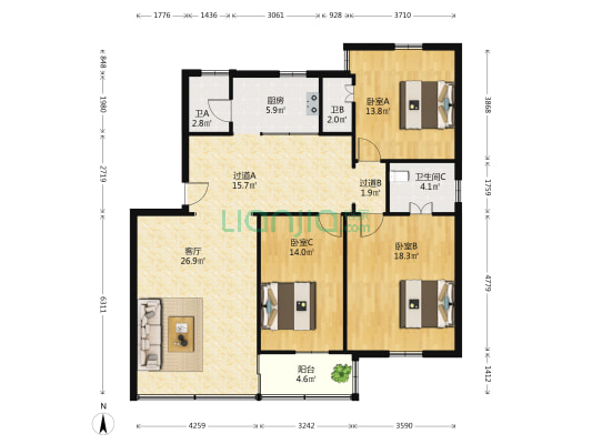 五峰四路散盘 3室1厅3卫 142平方