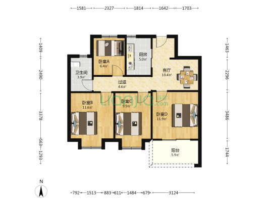 中海玄武公馆A区 4室1厅1卫 96平方
