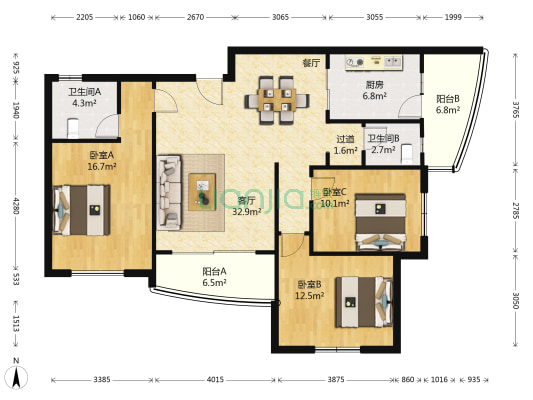 黎阳家园13组团 3室1厅2卫 118平方