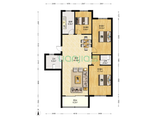 中鑫舜馨苑 3室1厅2卫 124平方