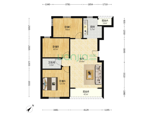 建设路108号 3室1厅1卫 104平方