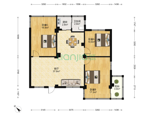 海南省旅游总公司宿舍 3室1厅1卫 90平方
