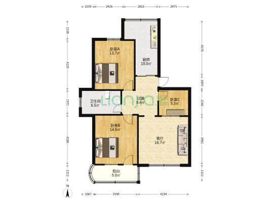 工行宿舍 3室1厅1卫 98平方