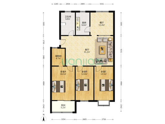 江南名都城 3室2厅1卫 132平方
