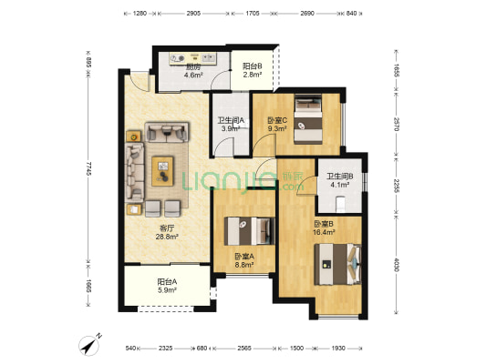 秦宓小区 3室1厅2卫 107平方