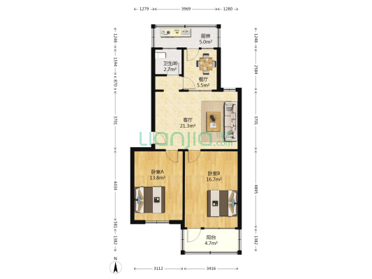 人防办宿舍 2室2厅1卫 84平方
