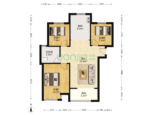 天伦湾嘉园 3室1厅 南 北-户型图