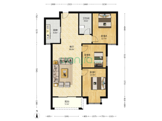 檀山花苑 3室1厅1卫 113平方