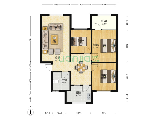 贵大北区 3室1厅1卫 77平方