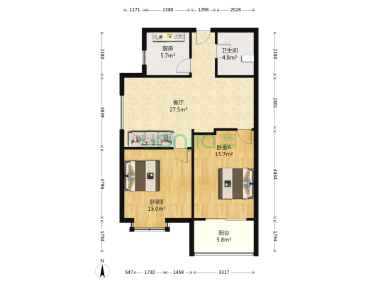 东升花园吉祥苑 2室1厅1卫 98平方