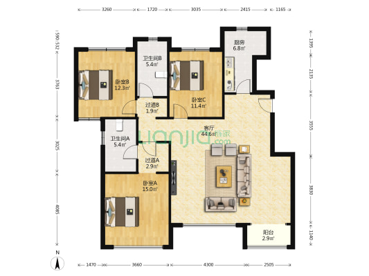 梧桐北里 3室1厅2卫 141平方