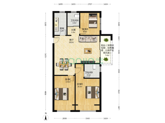 凤凰城凤鸣苑 3室1厅2卫 115平方