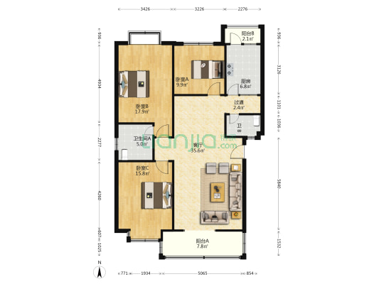 万寿街三段47号 3室1厅2卫 125平方