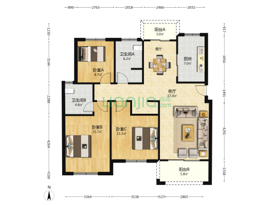 明祥苑 3室1厅2卫 121平方