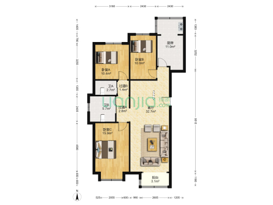 富力城 3室1厅2卫 130平方