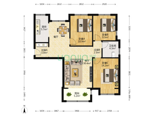 尚品园 3室1厅1卫 117平方