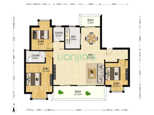 华侨城万科云屿 3室1厅2卫 129平方