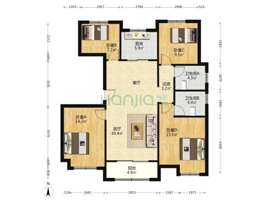 美的雍翠园 4室1厅2卫 129平方