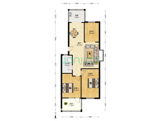 舜耕路60号 3室1厅1卫 110平方