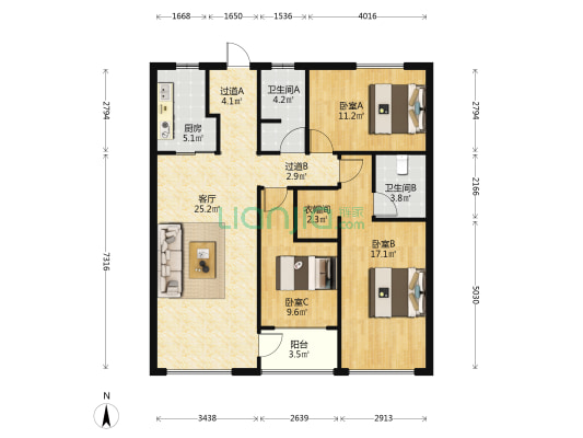 实力蝶锦台 3室1厅2卫 124平方