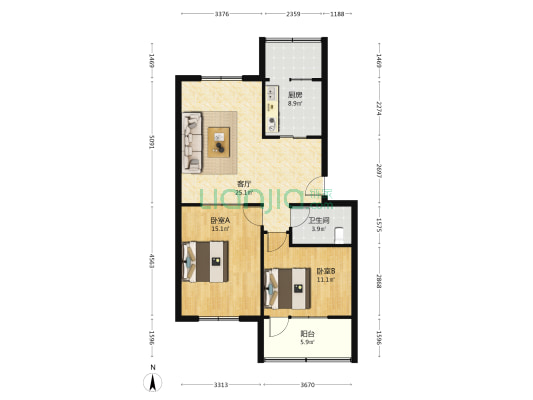 鹿鸣园小区 2室1厅1卫 89平方