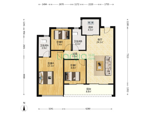 绿城桂语江南 3室1厅2卫 105平方