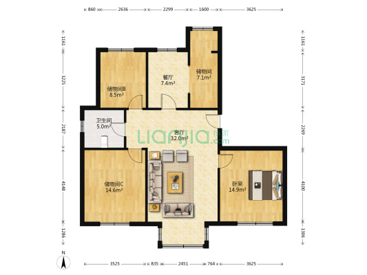 潞水丽苑 1室2厅1卫 132平方