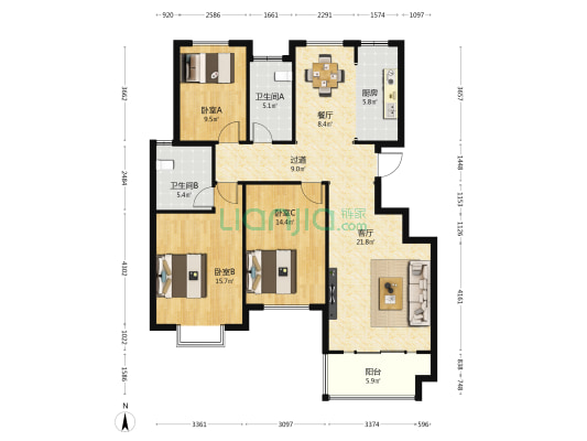 民生上和城北区 3室2厅2卫 121平方