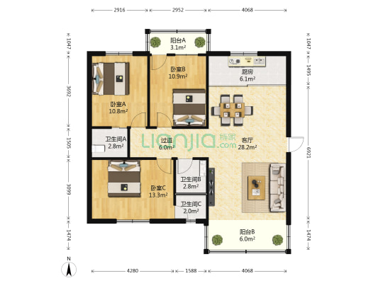 东宝园小区 3室1厅3卫 107平方
