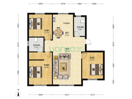 朝阳新苑二期 3室2厅2卫 133平方