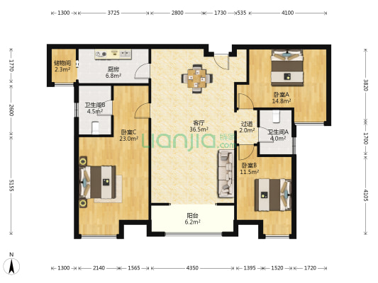 星联湾 3室1厅2卫 138平方