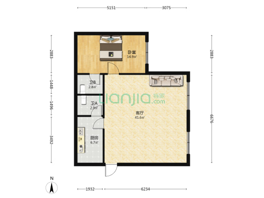 金鑫小区 1室1厅2卫 93平方