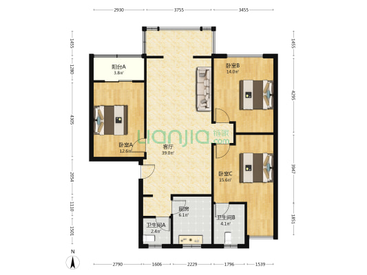 龙翔苑二期 3室1厅2卫 116平方