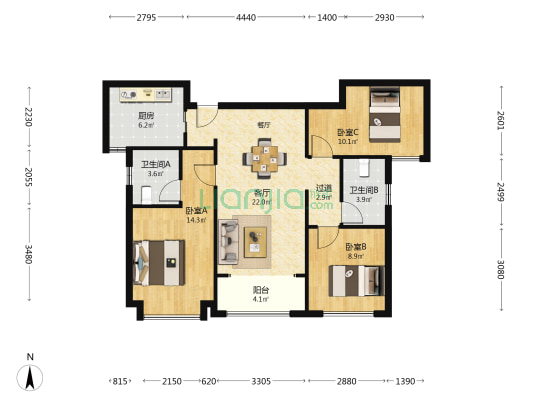 中铁卓越城 3室1厅2卫 108平方