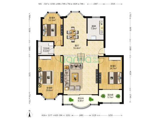 华丽花园 3室1厅1卫 133平方