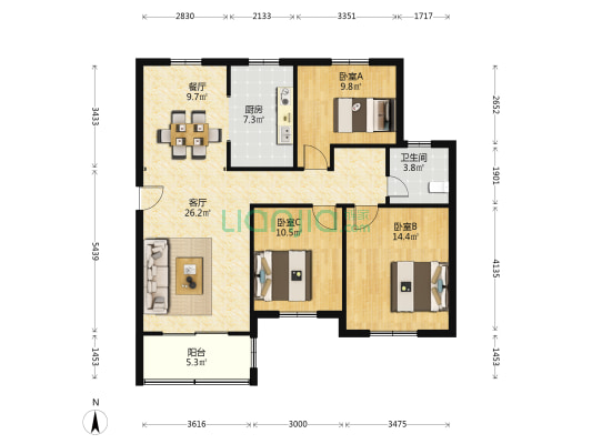 明祥苑北区 3室2厅1卫 111平方
