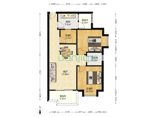 绿榕居 3室2厅1卫 83平方