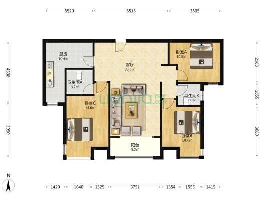 金品时代 3室2厅 南-户型图