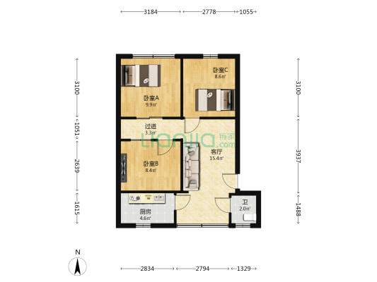 二中宿舍 3室1厅1卫 67平方