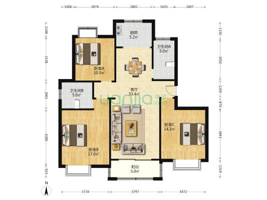 淀山湖花园礼苑 3室1厅2卫 125平方