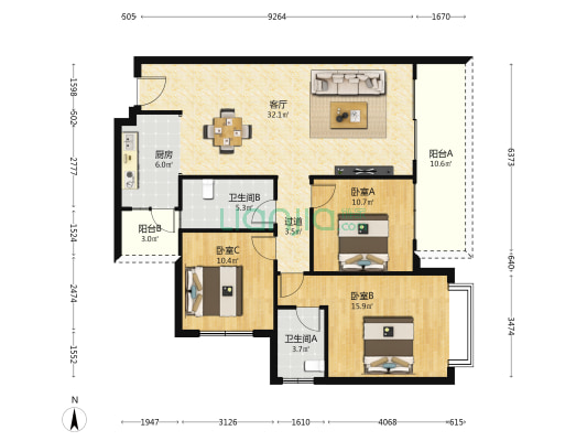 新民路六十五号小区 3室1厅2卫 127平方