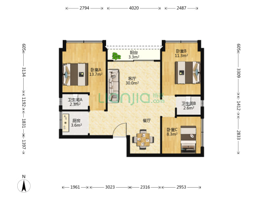 正阳小区 3室1厅2卫 86平方