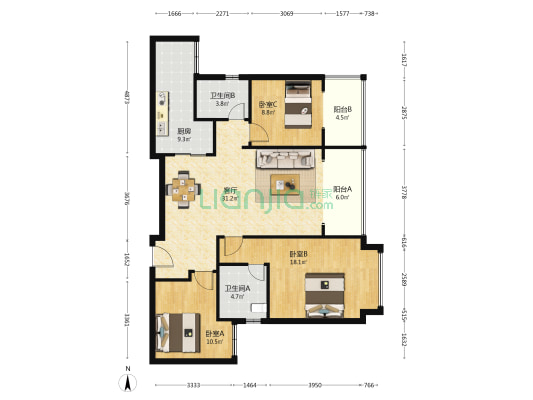 佳乐云锦阁 3室1厅2卫 117平方