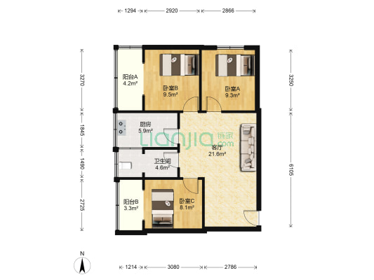 佳苑小区 3室1厅1卫 77平方