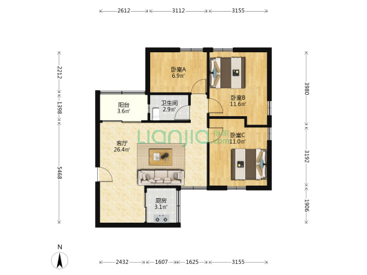 尚雅苑 3室1厅1卫 77平方